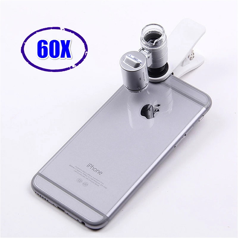 Mini 60X Microscope Magnifying with LED Portable Jewelry Identification Microscope Lens Mobile Adapter Clip Dove Eye Shooting