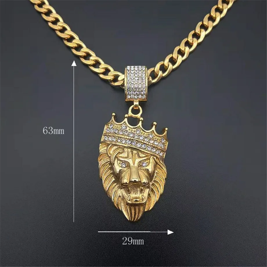 Hip Hop Full Iced Out Bling Lion Rhinestone Stainless Steel Cuban Chain Gold Color Pendants & Necklaces For Men Jewelry Dropship