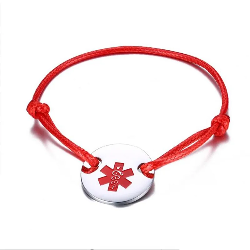

Star of life Medical Sign ID Bracelet For Women Men Stainless Steel Round Tag Black And Red Rope Bracelet Adjustable B421