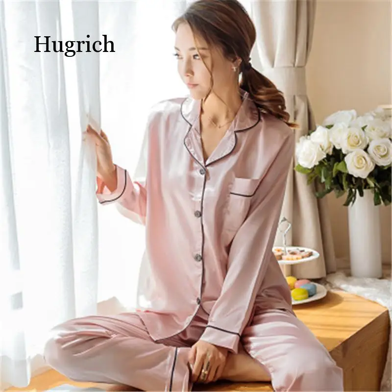 2 Pieces Faux Silk Satin Pajamas Set Autumn Women Sleepwear Long Sleeve Nightgown for Female Ladies Pyjamas