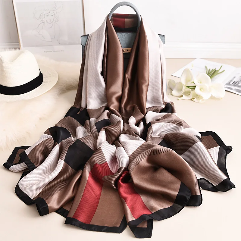 Designer Brand Women Silk Scarf Luxury Plaid Long Scarves Beach Pareo Stole Foulard Femme Bandana Hijab Lady Shawls and Wraps