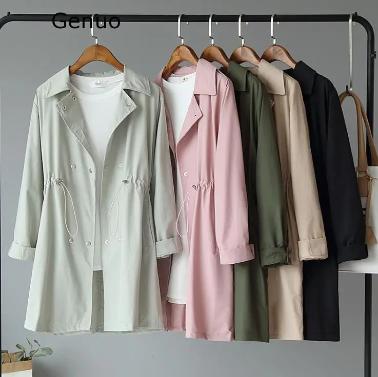 

Genuo 2019 New Style Korean-style Mid-length Drawstring Waist Hugging Elegant Slimming Suit Collar Long Sleeve Trench Coat