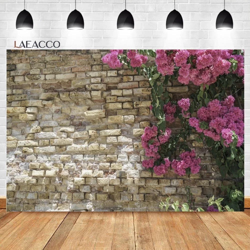 Laeacco Brick Wall Flowers Grass Grunge Portrait Baby Birthday Photo Backdrop Photography Backgrounds Wedding Photocall Studio