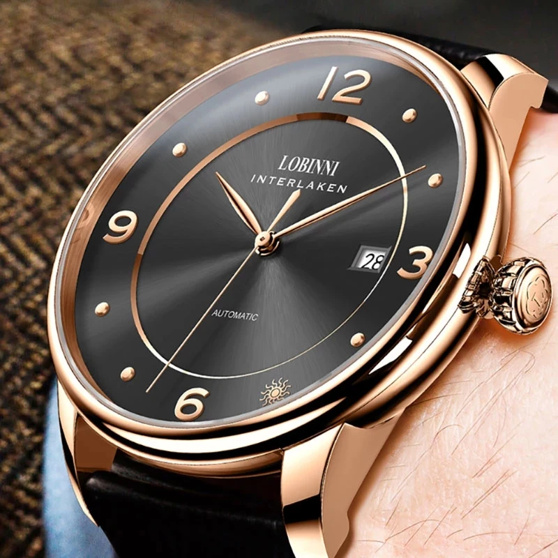 LOBINNI Herren-Automatikuhren, luxuriöse Herrenuhr, wasserdicht, mechanische Armbanduhren, Saphir ST2130, Lederarmband, einfaches Zifferblatt