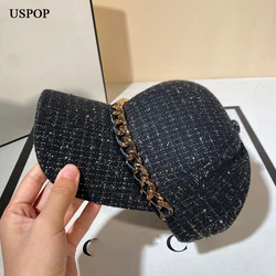 USPOP New Winter Autumn Chic Casual Outdoor Cap Women‘s Tweed Baseball Caps with Chain