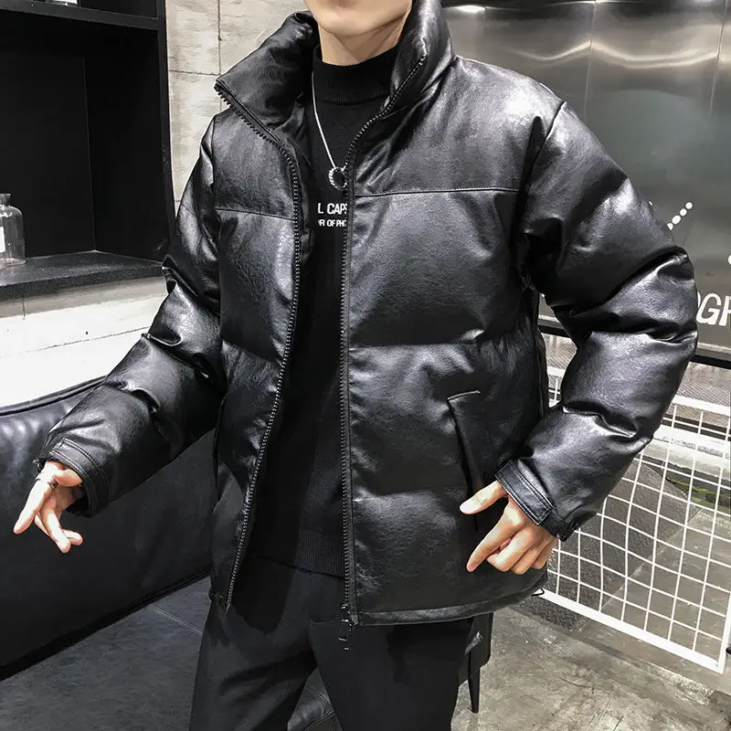 Winter Fashion Thicken Korean Style Loose and Plus-sized Men\'s Jacket Black Stand Collar Leather Quilted  Cloth Cotton