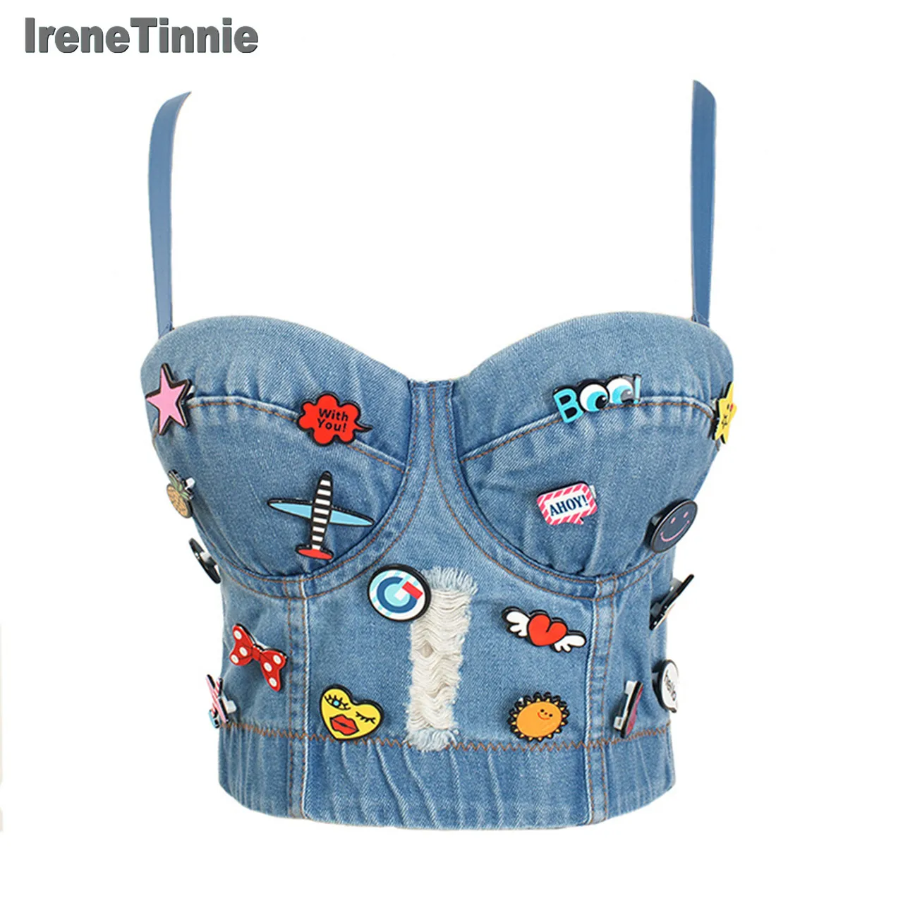 Irene Tinnie Sexy Cute Hole Cartoon Decoration Push Up Bustier Women\'s Denim Bralette Cropped Top Vest Plus Size