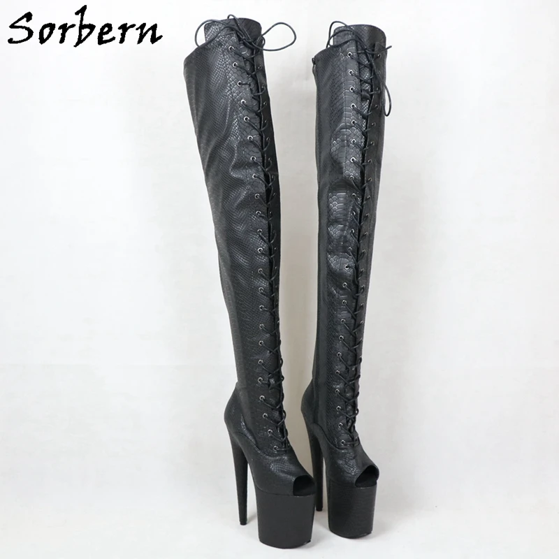 Sorber Black Snake Mid coscia stivali alti donna Custom Slim Fit Peep Toe Platform stivale lungo per Crossdresser Stripper Heels