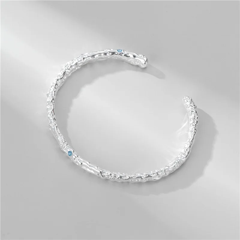 Pleated Small Blue Zirconium Bangles Bracelet S925 Sterling Silver Korean Style Fashionable Texture Open Type Adjustable Bangle