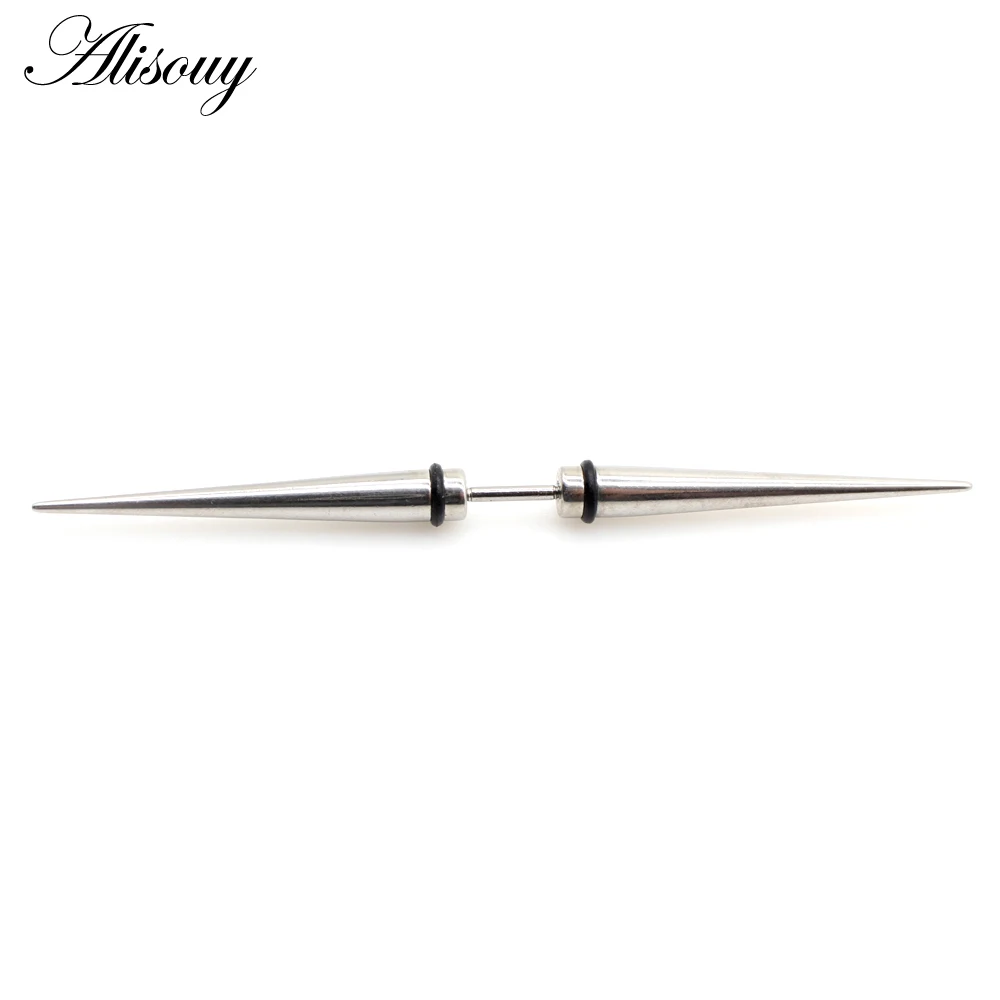 Alisouy 2pcs Unisex Gothic Punk Spike Cone Stainless Steel Dumbbell Barbell Ear Stud Earrings For Men Women Piercing Jewelry