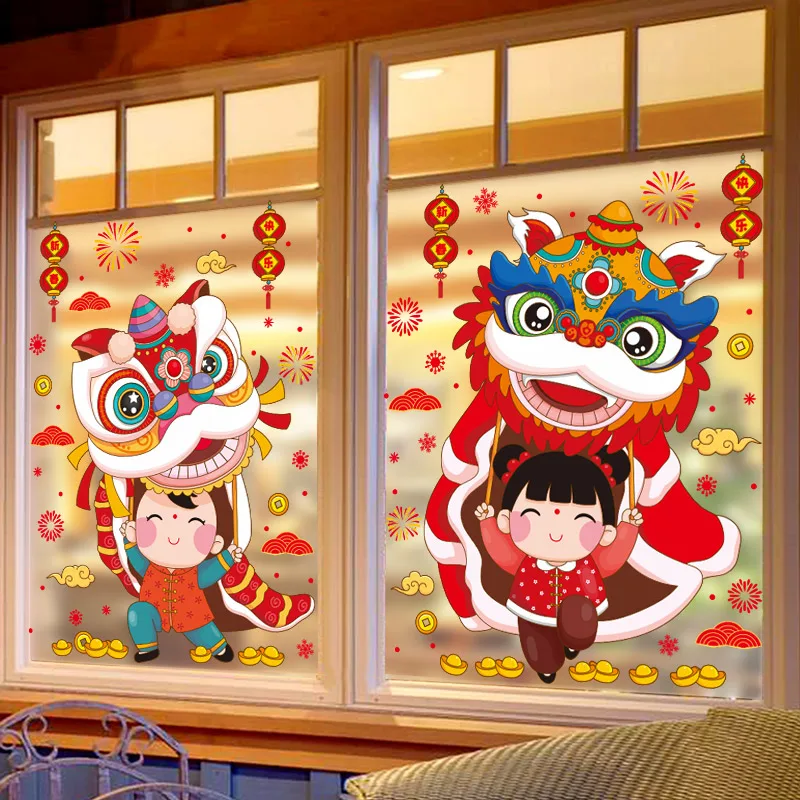 Happy New Year Wall Sticker Chinese Spring Festival Lion Dance Window Decals Door Sticker Self Adhesive Home Decor