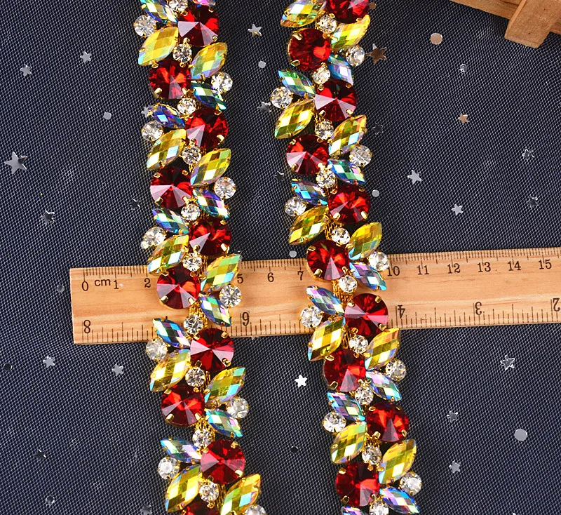 1 Yard Romantic Accessories Multicolor Glass Acrylic Rhinestone Chain Crystal Flower Trim Applique Sew Costume Shoes Diy Dresses