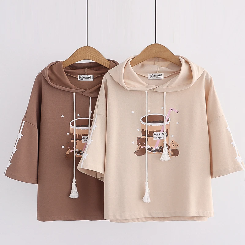 Harajuku Funny Graphic Hoodies Women Kawaii Cartoon Bear Print Hooded Sweatshirt Girls Cute Vintage Clothes 2021 Teens Pullover