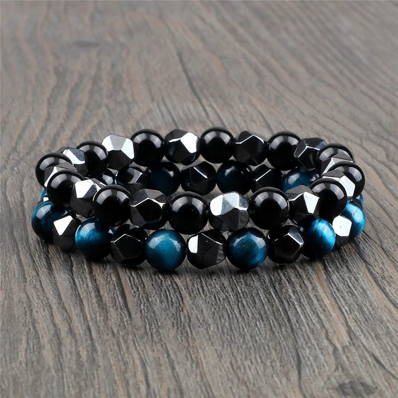 2pcs Irregular Hematite Lava Stone Bracelet Men Fashion 8mm Natural Tiger Eye Beads Couples Bracelets for Women Friends Jewelry