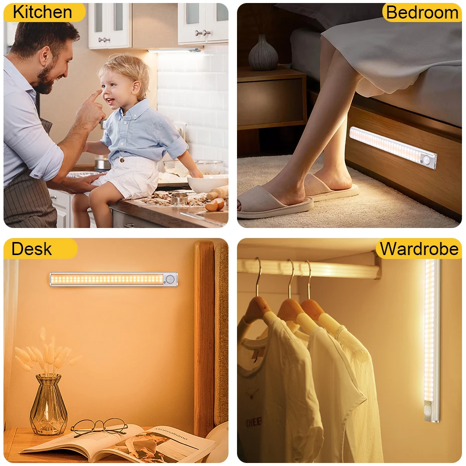 80 120 160 LEDs Wireless Rechargeable Motion Sensor LED Light USB Charging LED Night Light for Cabinet Wall Kitchen Bedroom