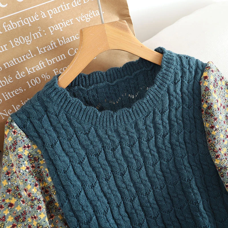Sztruks kwiatowy kobiety sukienki w stylu Vintage z dzianiny Patchwork Vestidos De Mujer 2022 słodkie koreański, z długimi sukienka