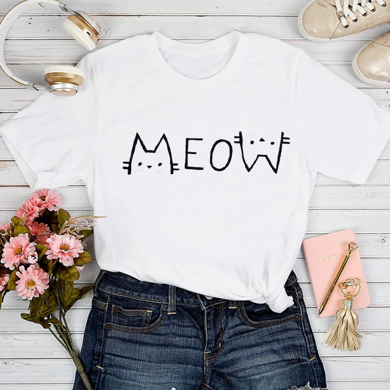 T-shirts Women Cat Face Happy Time Cute 2021 Pet Clothing Spring Summer Tshirt Top Lady Stylish Girl Print Clothes Tee T-Shirt