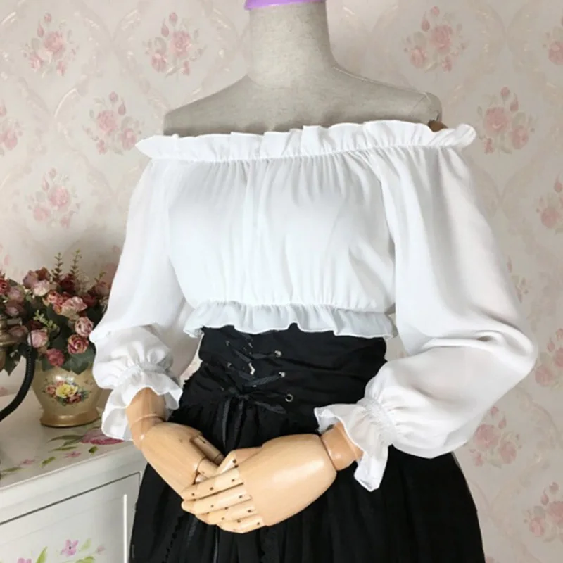 White Chiffon Ruffles Slash Neck Lantern Sleeve Short Sweet Lolita Shirt Women Victorian Gothic Top Steampunk Vintage Clothes