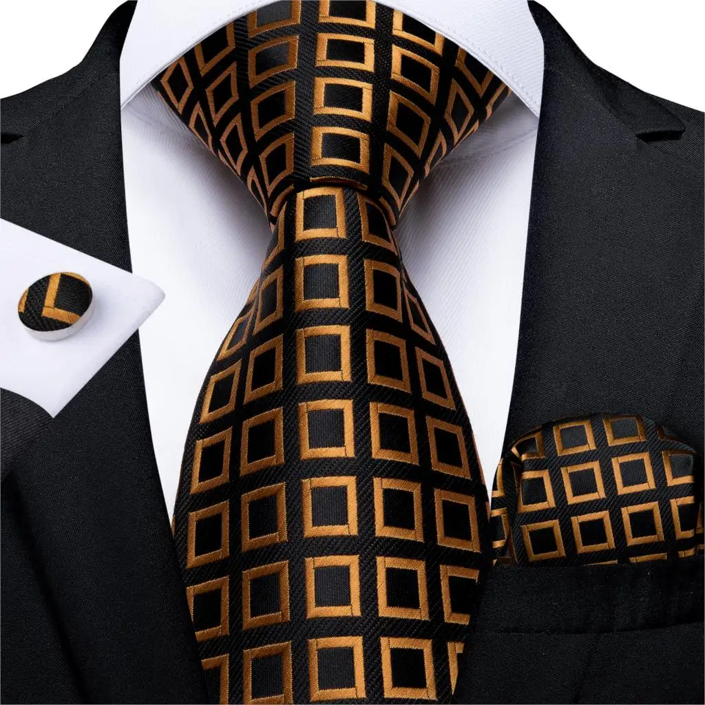 DiBanGu Gift Men Tie Gold Black Plaid Silk Wedding Tie For Men Paisley Design Hanky Cufflink Quality Men Tie Set Dropshipping