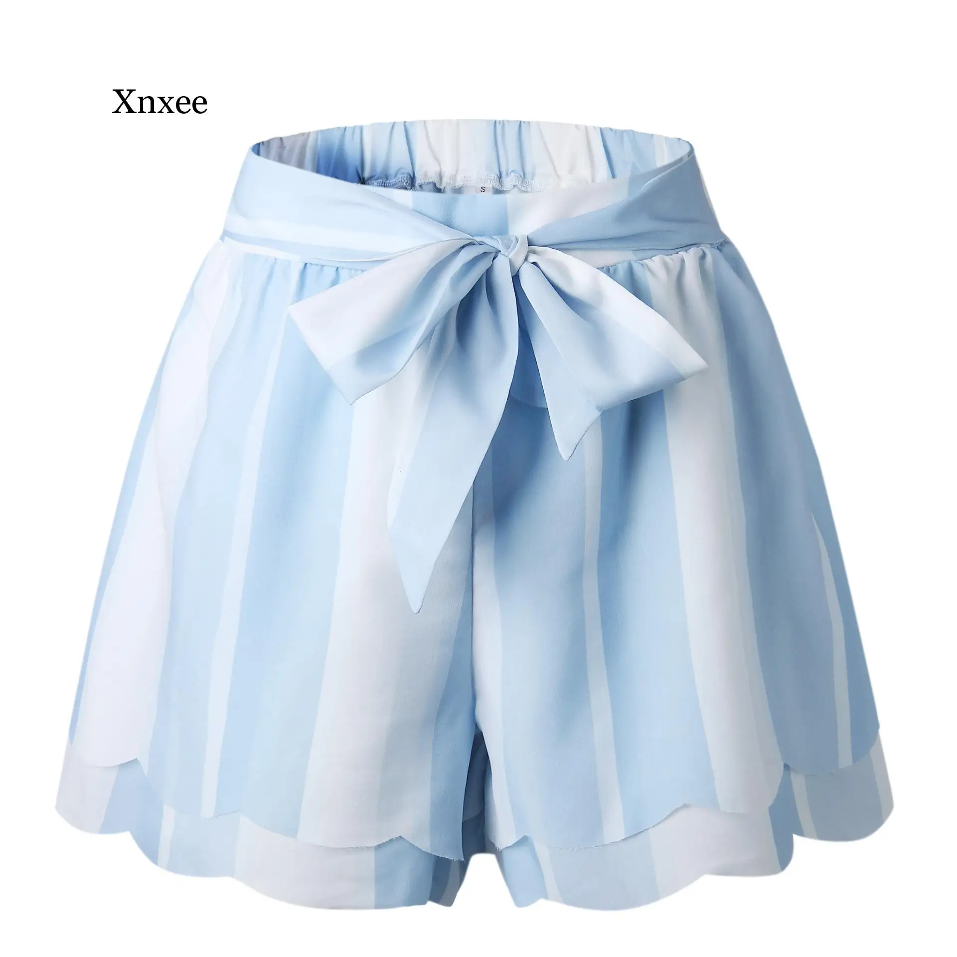 

Women Casual Shorts Bow Lace up High Waist Tulle Summer Short Skirt Sweet Loose A Line Petal Hem Black Stripe Short Streetwear