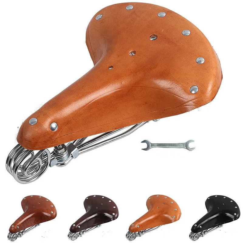 Retro Bicycle Saddle Bike Seat With Spring Base Leather Cushion Rivet Vintage Cycling Parts