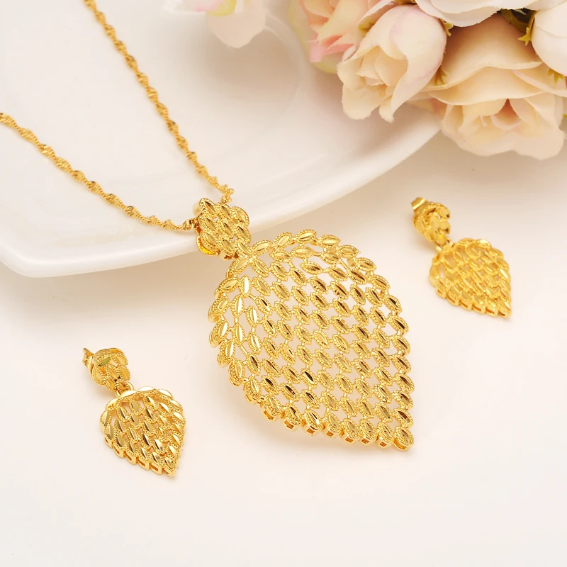 

Big size 24k Gold Color Leaf Necklace Earrings Set Women Party Jewelry engagement Wedding Bridal DIY Charms Girls Gifts