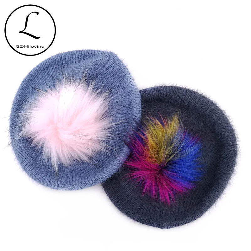 

Baby Girls Colorful Faux fur pompom Beanies Hats New Autumn Winter Warm Soft Mohair Knitted beret cap And hats for Childs Kids