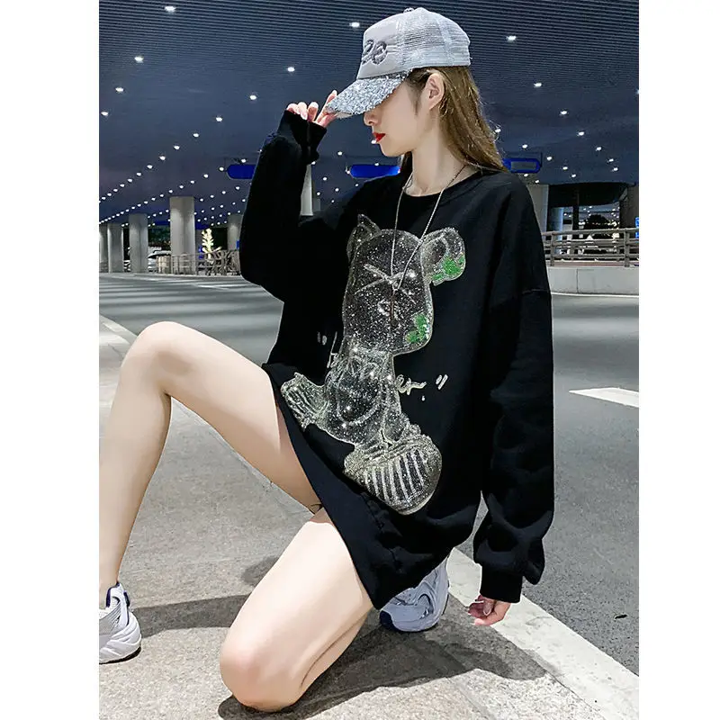 Plus Size 4XL Bear Beading Sweatshirt Women 2024 New Korean Pullover Harajuku Style Black Oversized Cartoon Top