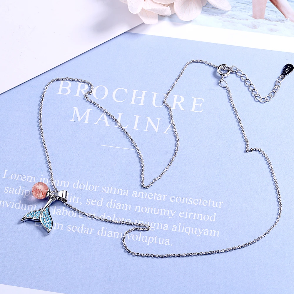 Romantic 925 Sterling Silver Blue Zirconia Mermaid FishTail Necklace For Women Natural Strawberry Crystal Jewelry S-N450 image 6