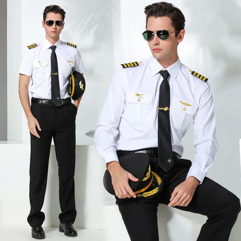 Mens Pilot Uniform Spring Autumn White Long Short Sleeves Shirt High Quality Business Shirts Aviation Captain Costume