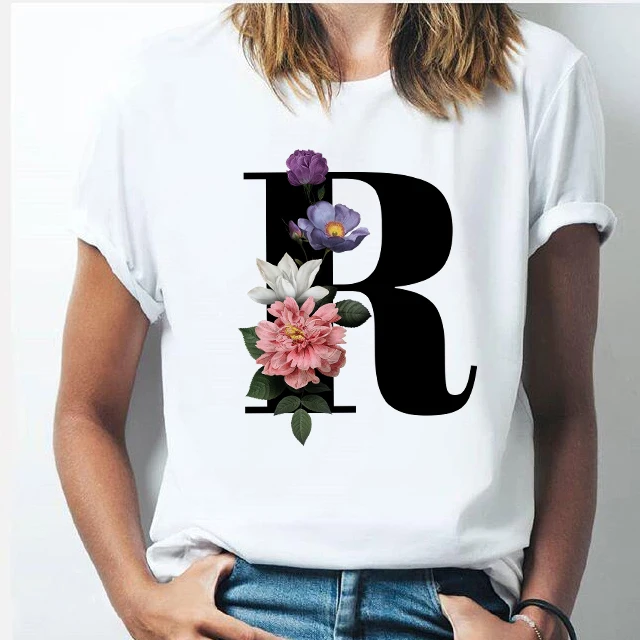 26 alphabet letter women T-shirt Girl A To Z Alphabet combination flowers Short Sleeve casual Korean Style Tops,Drop Ship