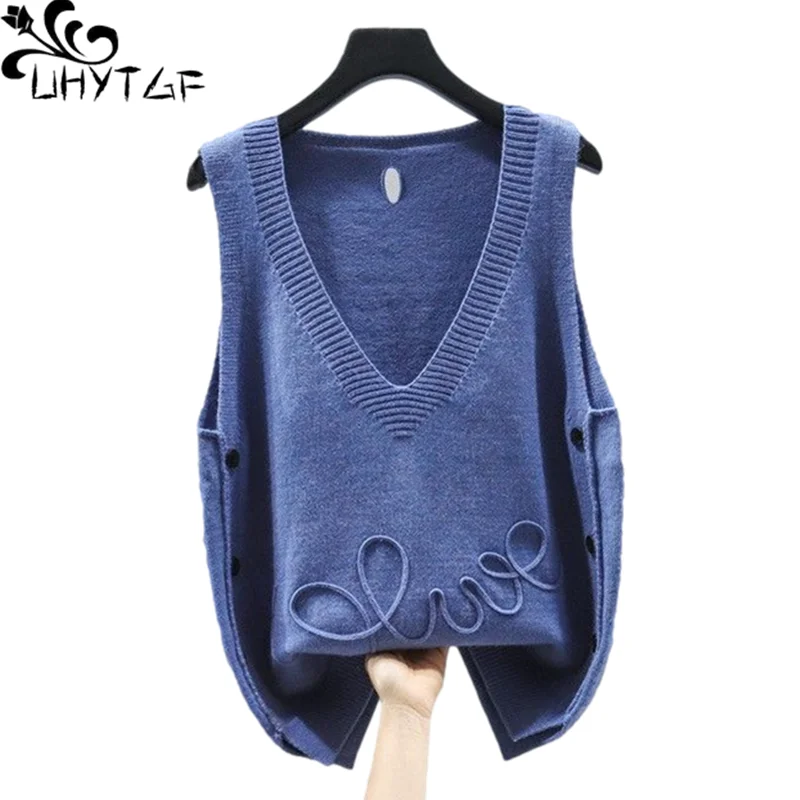 UHYTGF Knitted Spring Autumn Sweaters Vests Women's Sleeveless Pullover Casual Big Size Tops Female Elegant Lady Waistcoat 1271