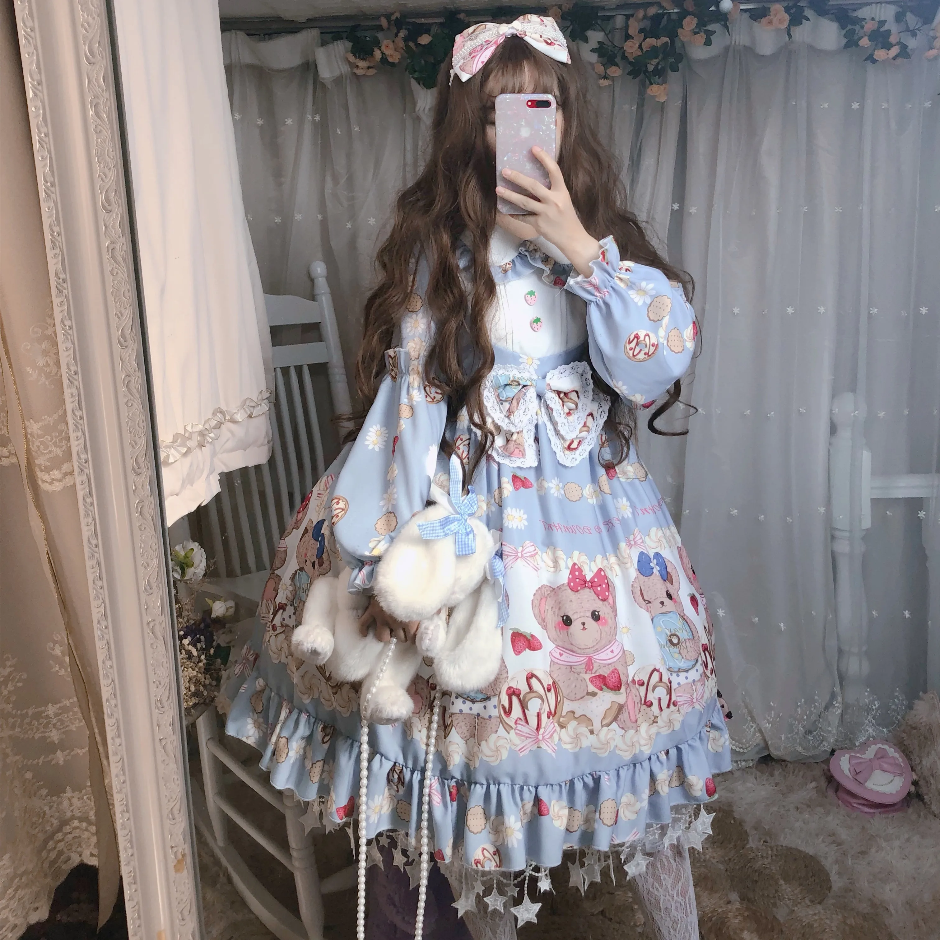 Ngọt Nhật Bản Lolita Hoạt Hình Dễ Thương In Cos Lolita Tay Dài Cổ Peter Pan Loli Tiệc Trà Đầm Retro Triều Đình Vestidos