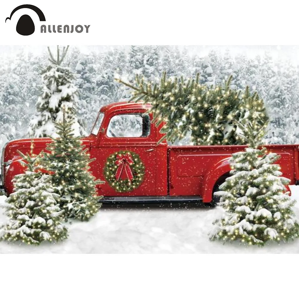 

Allenjoy Christmas Party Backdrop Red Truck Tree Snowy Winter Let it Snow Happy New Year Outdoor Baby Background Photocall