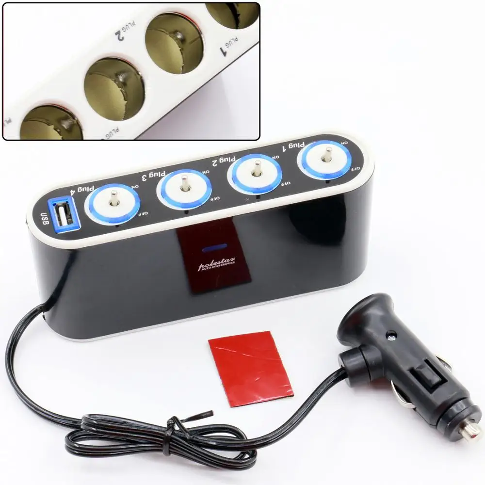 

EIDRAN 4 Way 12/24V Car Cigarette Lighter Socket Splitter USB Charger Power Adapter DC