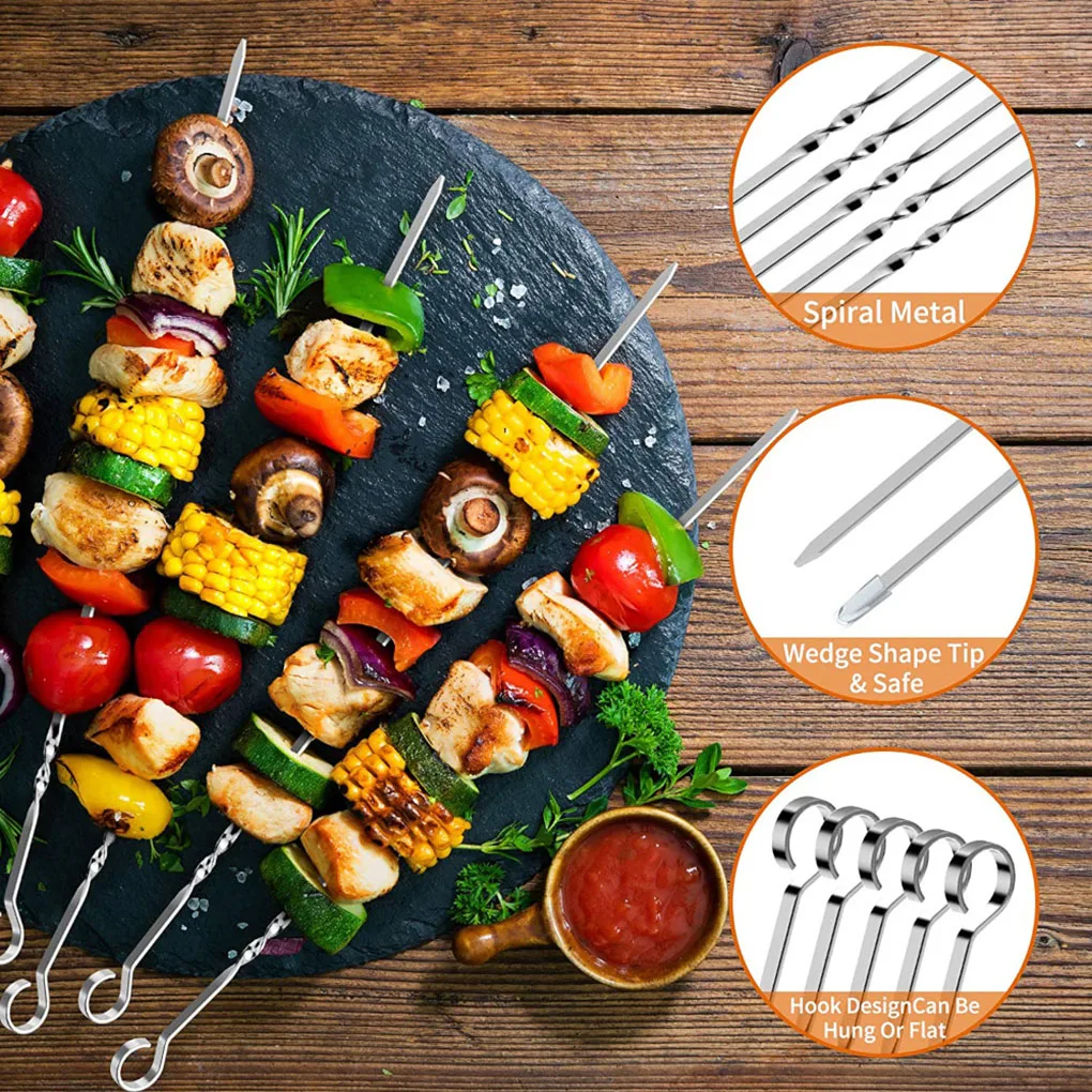 10pcs BBQ Skewers Stainless Steel Barbecue Sticks Flat Cooking Grill Skewers for Home Camping