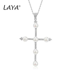 Laya 925 Sterling Silver Fashion New Simple Cross Natural Fresh Water Pearl Necklace For Women Party Wedding  Jewelry 2021 Trend