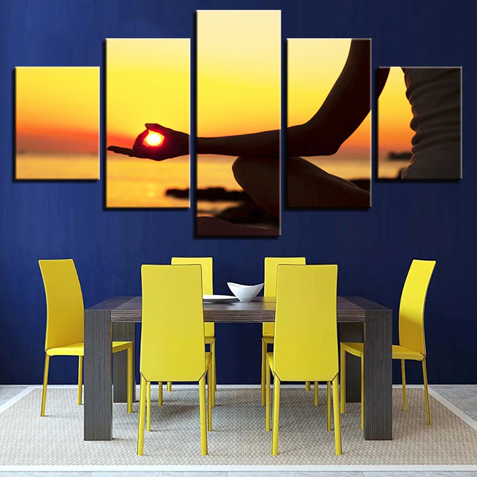 Leinwandgemälde, 5-teilig, Sonnenuntergang, Meer, Yoga, Sonnenaufgang, Strand, Poster, HD-Drucke, Bilder, Wandkunst, Rahmen, Wohnzimmer, Heimdekoration