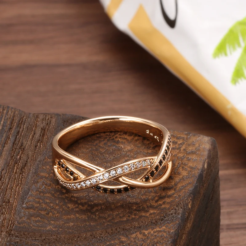 Luxury 18k Rose Gold Natural Black Diamond Ring Geometric Line Cross Wedding Diamond Rings for Women Vintage Fashion Jewelry