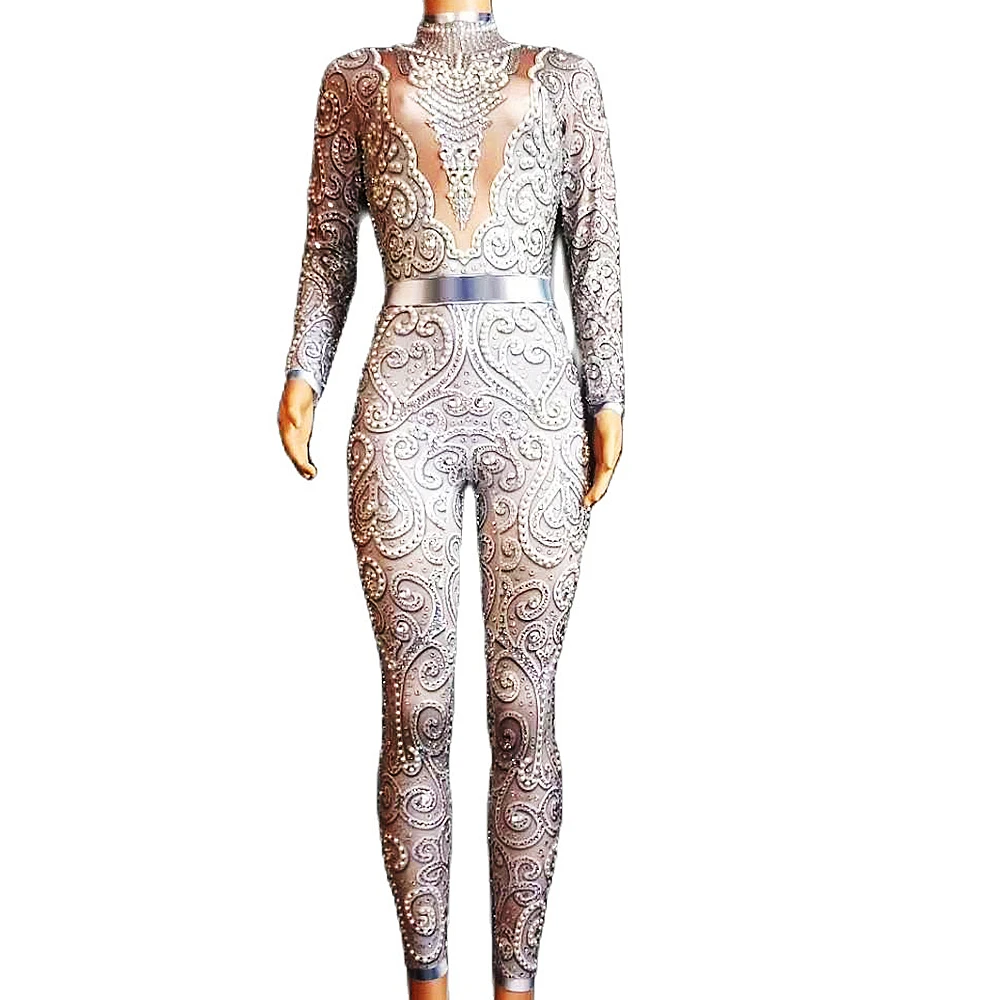 

Women Pearl Rhinestones Jumpsuit Pattern Tights Party Evening Costume Nightclub Performance Wear