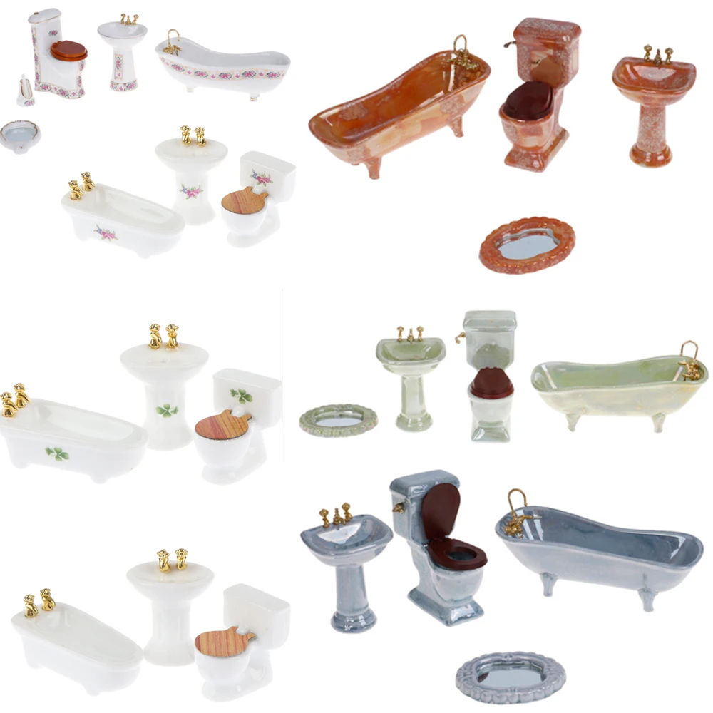 1:12 Miniatura casa delle bambole Mobili Scena Mini Bathroon Set Giocattolo Modello Doccia Vasca Da Bagno Del Bacino Wc Flush Giochi Di Imitazione Case di Bambola