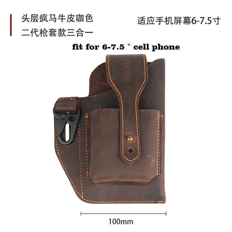 Crazy Horse Genuine Leather Sports Cell Phone Bag Waist Bag For 2 Phone Men Multi-Function Key Pen Belt Bag