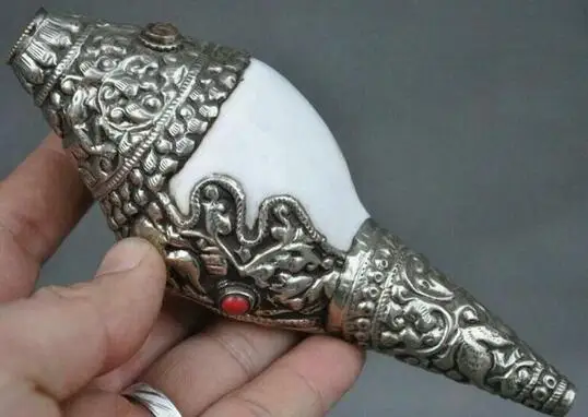 

buddhism shell tibetan inlay silver red coral gem stone conch shell trumpet horn