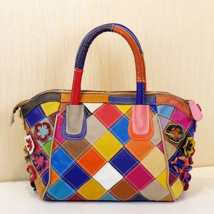 High Quality Leather Women's Multi-color Plaid Stitching Design Shoulder bag Ladies Fashion Flower Color Block Tote bag 418