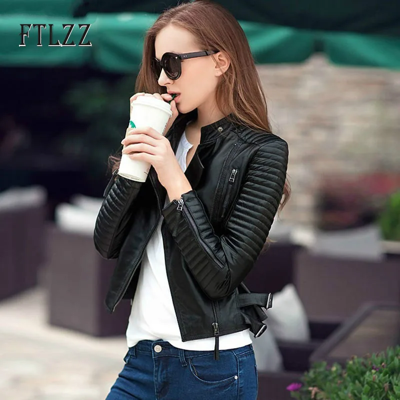 Streetwear Stil Faux Leder Jacke Frauen Bike Moto Mantel Neue Herbst drehen-unten Kragen Zipper Damen Mode Pu Leder mäntel