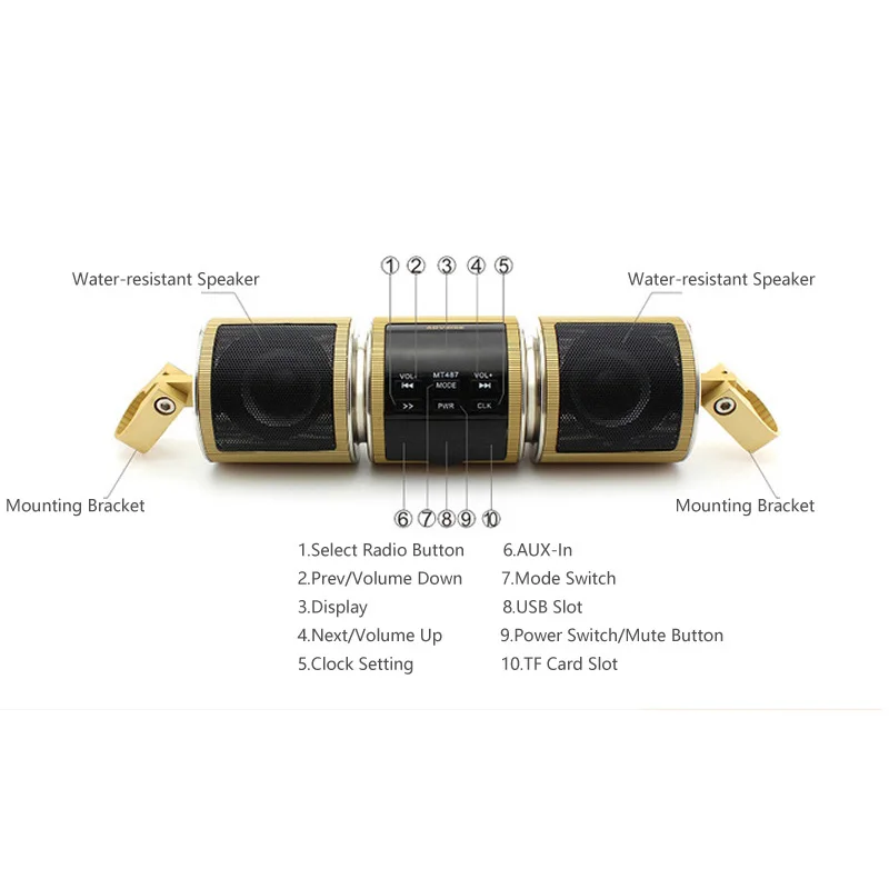Motorcycle Audio FM Radio AUX USB TF Card Bluetooth-Compatible AUX In Display MP3 Music Player Waterproof MT487 Stereo Speaker
