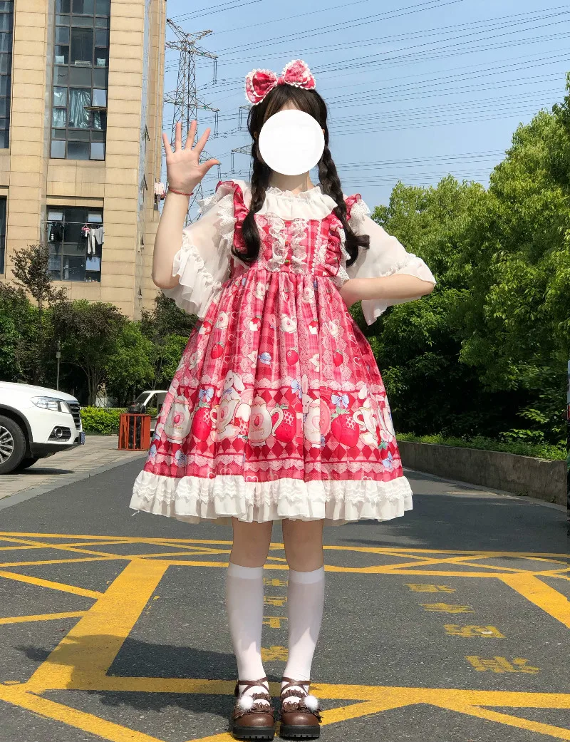 Robe princesse lolita vintage en dentelle, tenue victorienne, taille haute, avec bretelles, nœud papillon, fraise, style gothique, kawaii, lolita cos loli