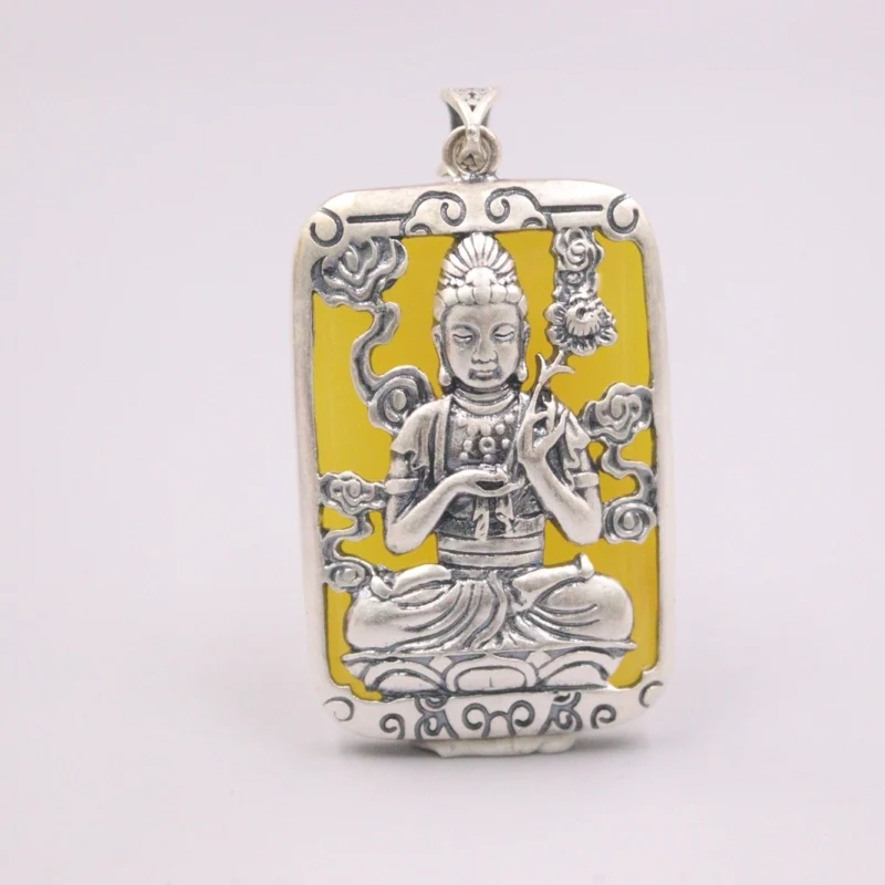 

New Fine Pure Sterling Silver S925 Yellow Chalcedony Pendant Women Square Guanyin Figure Pendant 52*30mm