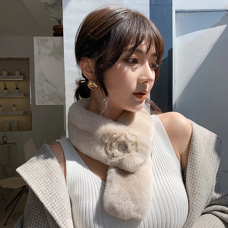 

ZDFURS* Genuine Rex Rabbit Fur Scarves with Flower Double Face Fur Collar Winter Warm Women Neck-wear High-end Wrap Ring Muffler