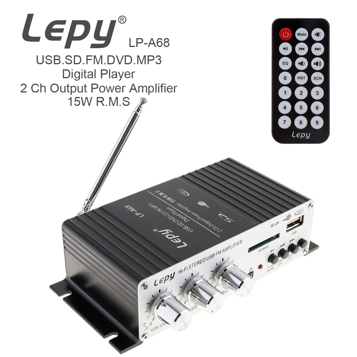 

LP-A68 15W x 2 2CH HI-FI Digital Audio Player Car Amplifier FM Radio Stereo Player Support SD / USB / MP3 / DVD Input